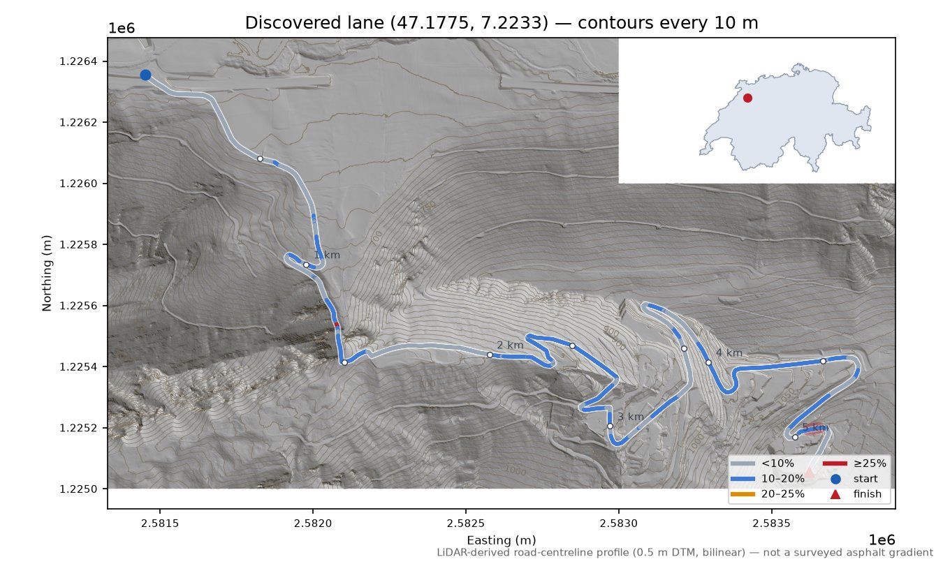 Discovered lane (47.1775, 7.2233) LiDAR hillshade map with contours