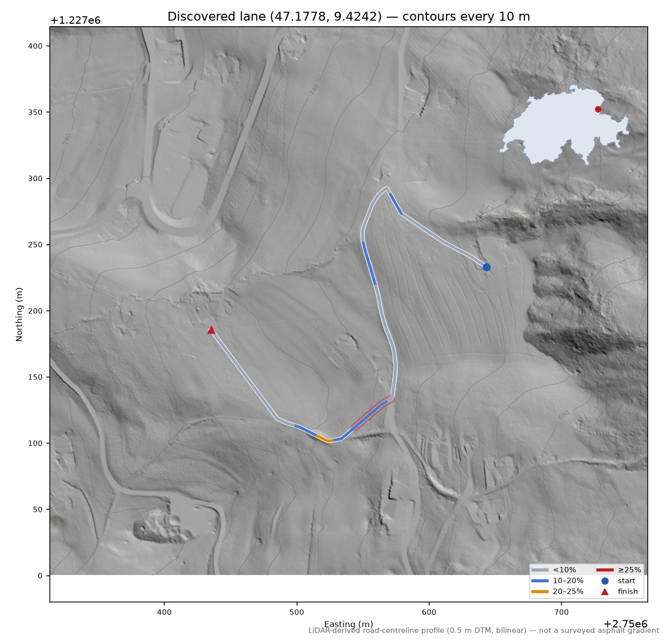 Discovered lane (47.1778, 9.4242) LiDAR hillshade map with contours