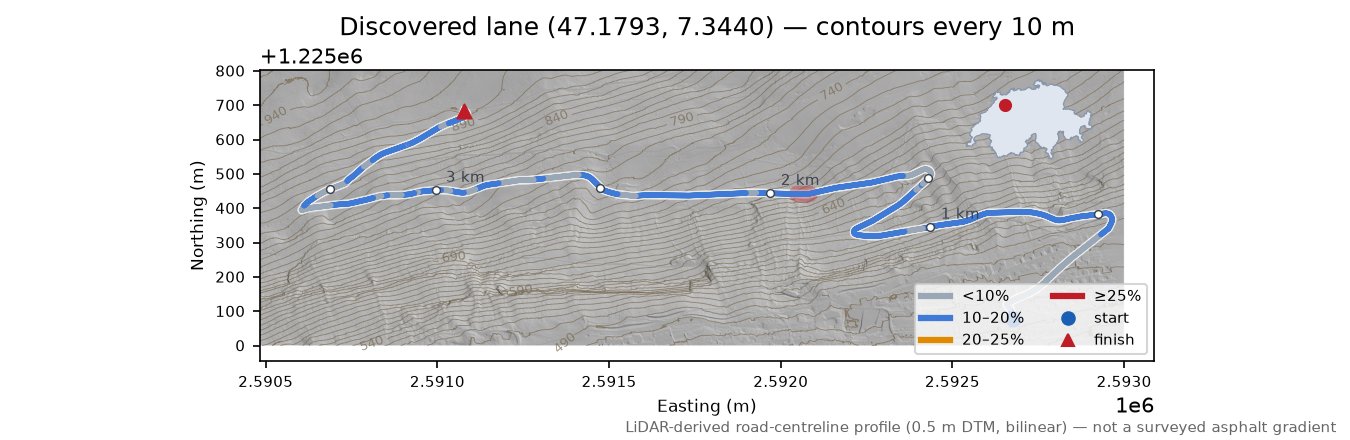 Discovered lane (47.1793, 7.3440) LiDAR hillshade map with contours