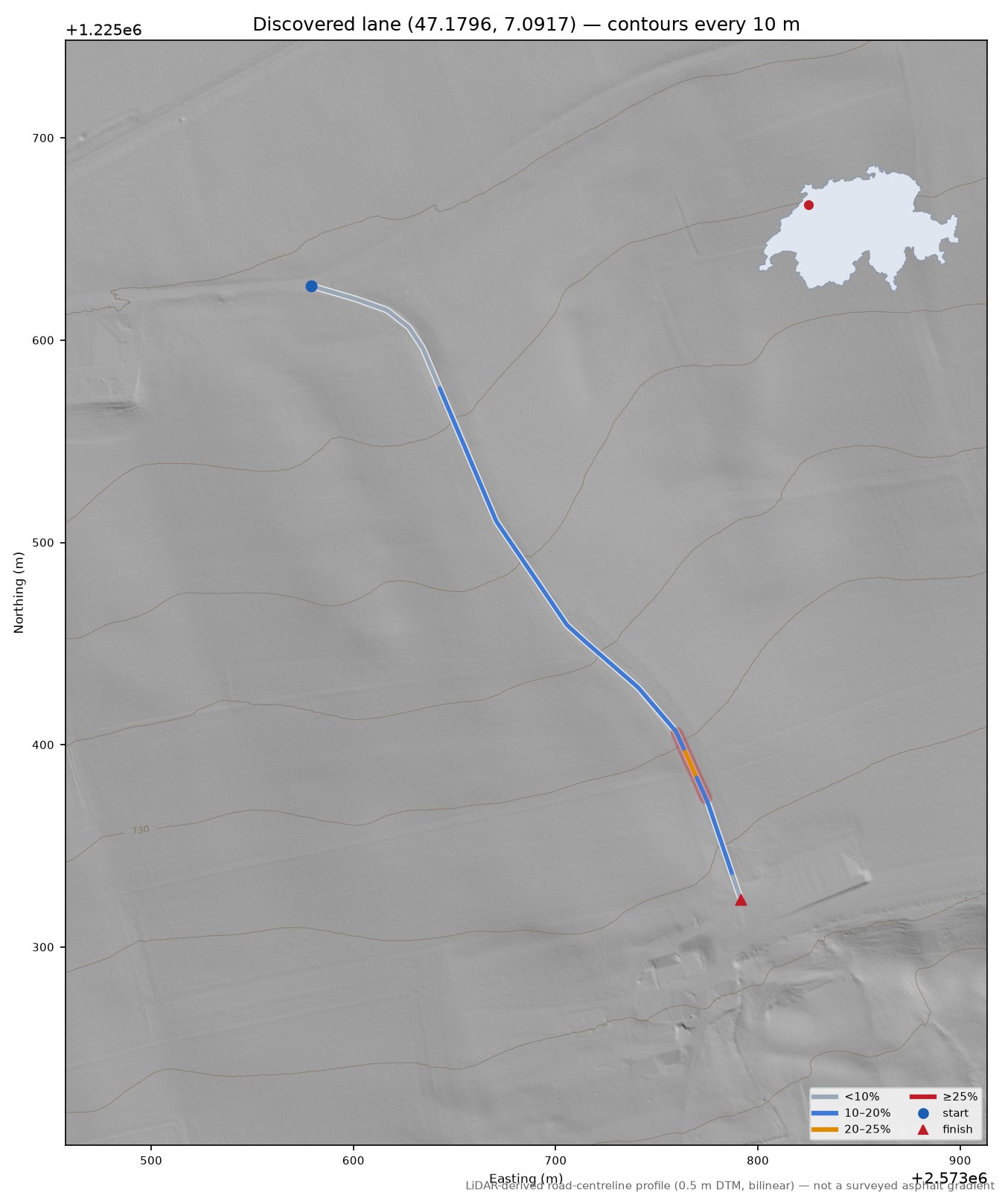 Discovered lane (47.1796, 7.0917) LiDAR hillshade map with contours