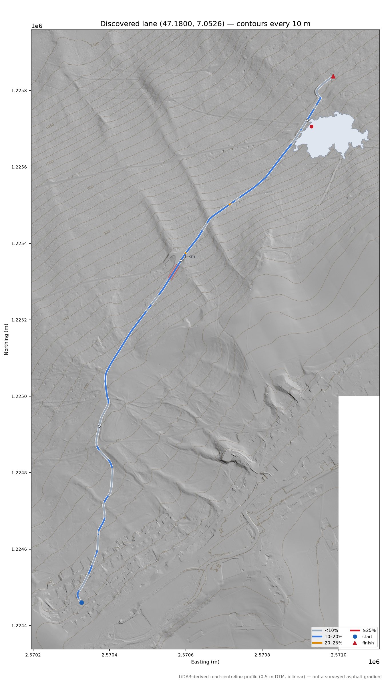 Discovered lane (47.1800, 7.0526) LiDAR hillshade map with contours