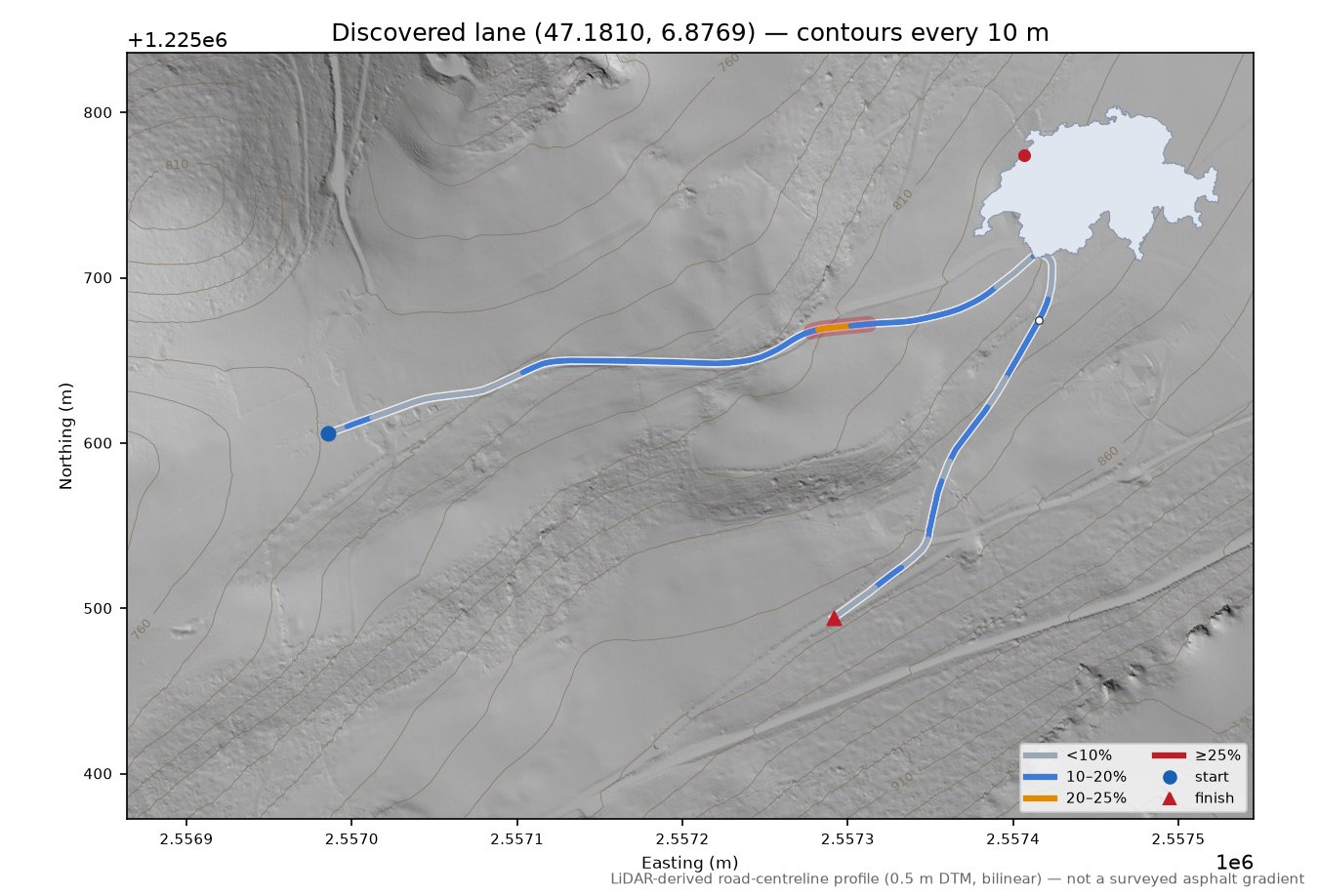 Discovered lane (47.1810, 6.8769) LiDAR hillshade map with contours