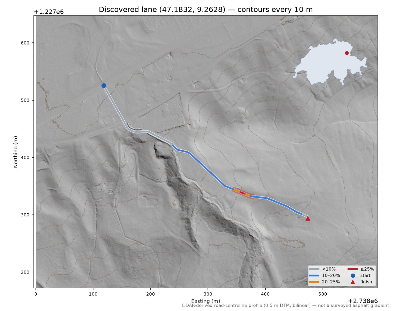 Discovered lane (47.1832, 9.2628) LiDAR hillshade map with contours