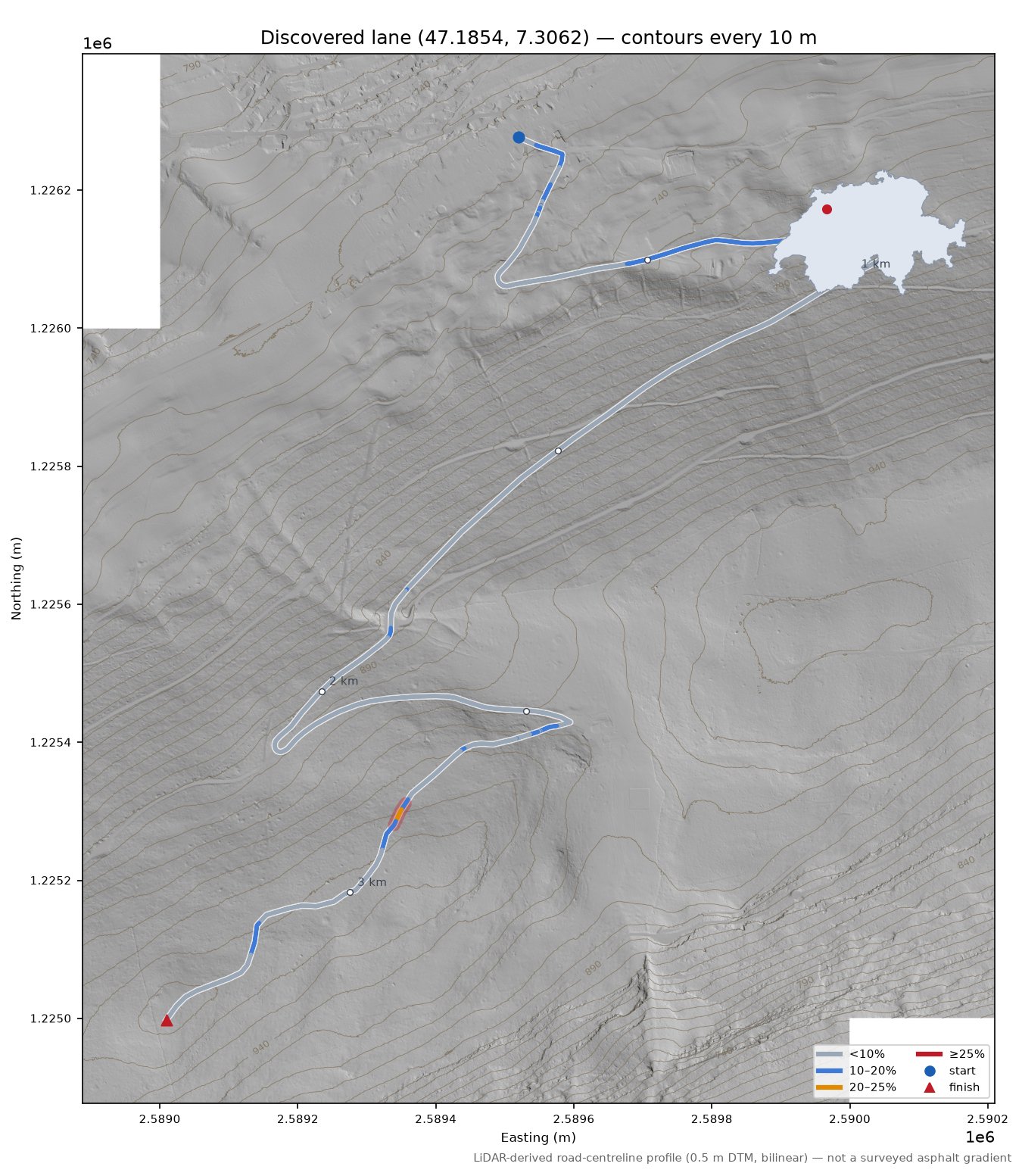 Discovered lane (47.1854, 7.3062) LiDAR hillshade map with contours