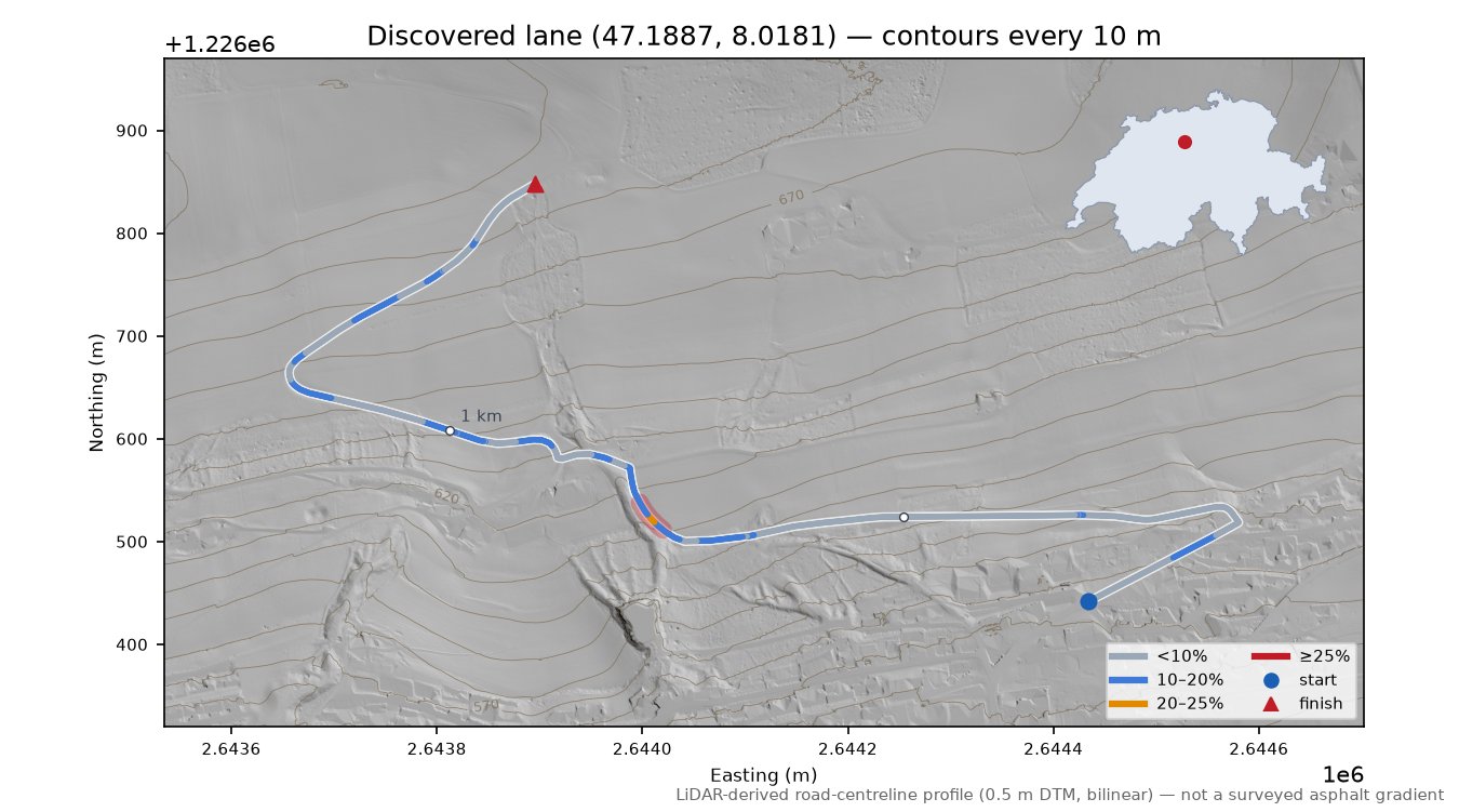 Discovered lane (47.1887, 8.0181) LiDAR hillshade map with contours