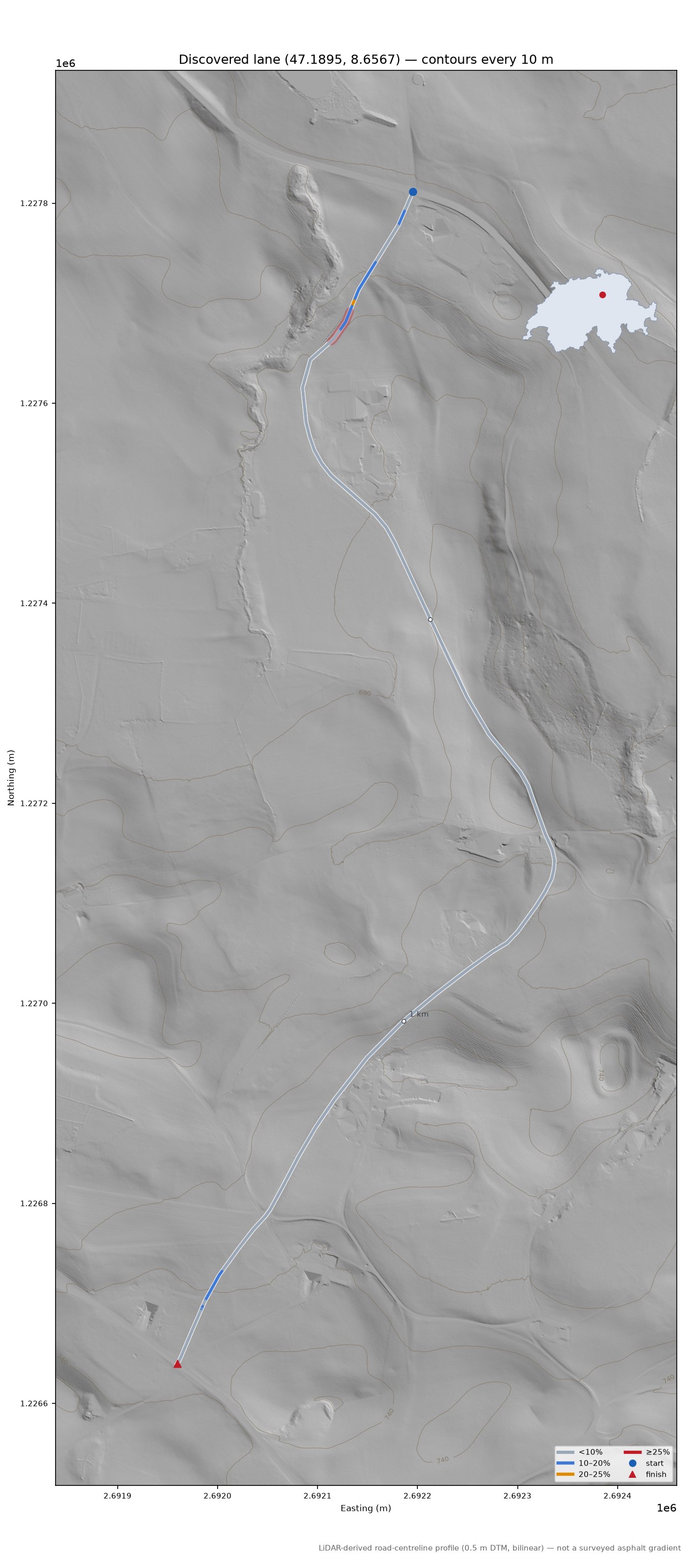 Discovered lane (47.1895, 8.6567) LiDAR hillshade map with contours
