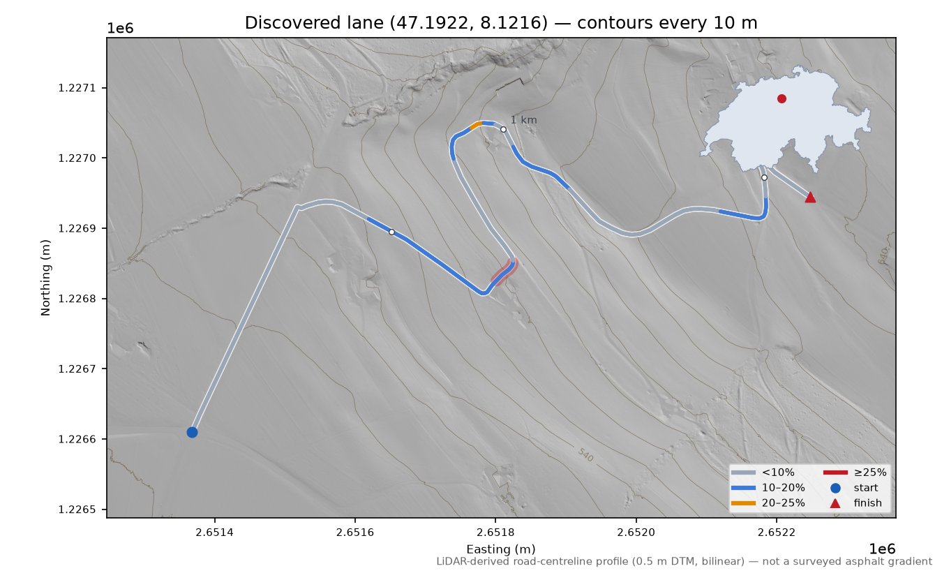 Discovered lane (47.1922, 8.1216) LiDAR hillshade map with contours
