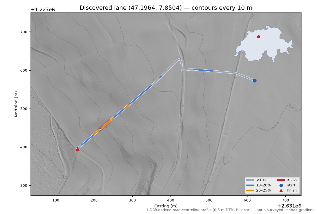 Discovered lane (47.1964, 7.8504) LiDAR hillshade map with contours
