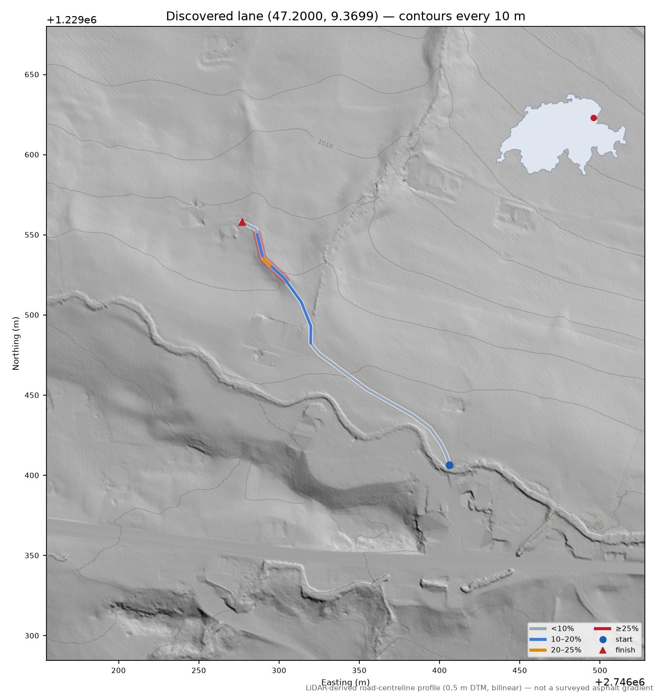 Discovered lane (47.2000, 9.3699) LiDAR hillshade map with contours