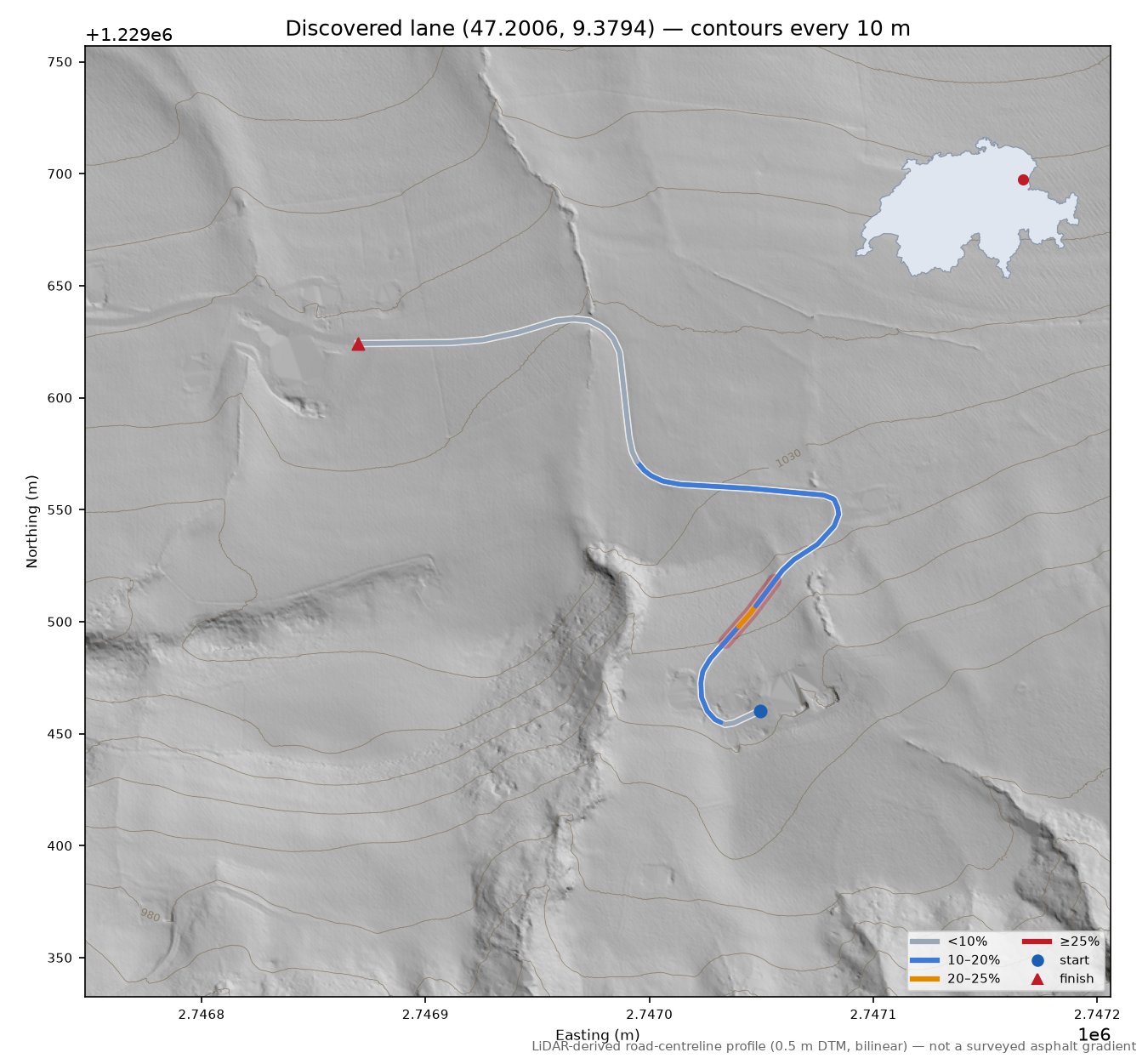 Discovered lane (47.2006, 9.3794) LiDAR hillshade map with contours