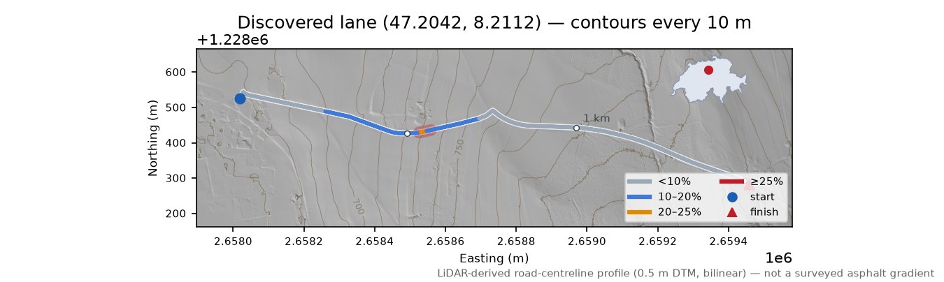 Discovered lane (47.2042, 8.2112) LiDAR hillshade map with contours