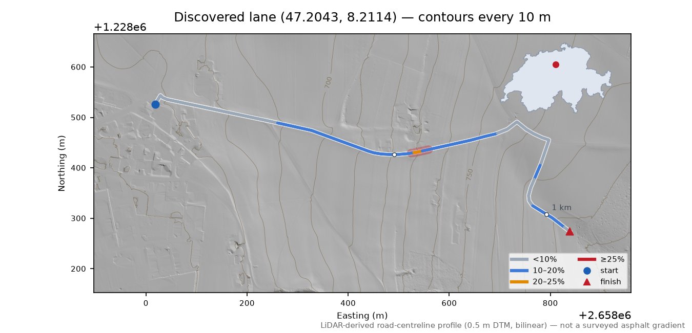 Discovered lane (47.2043, 8.2114) LiDAR hillshade map with contours