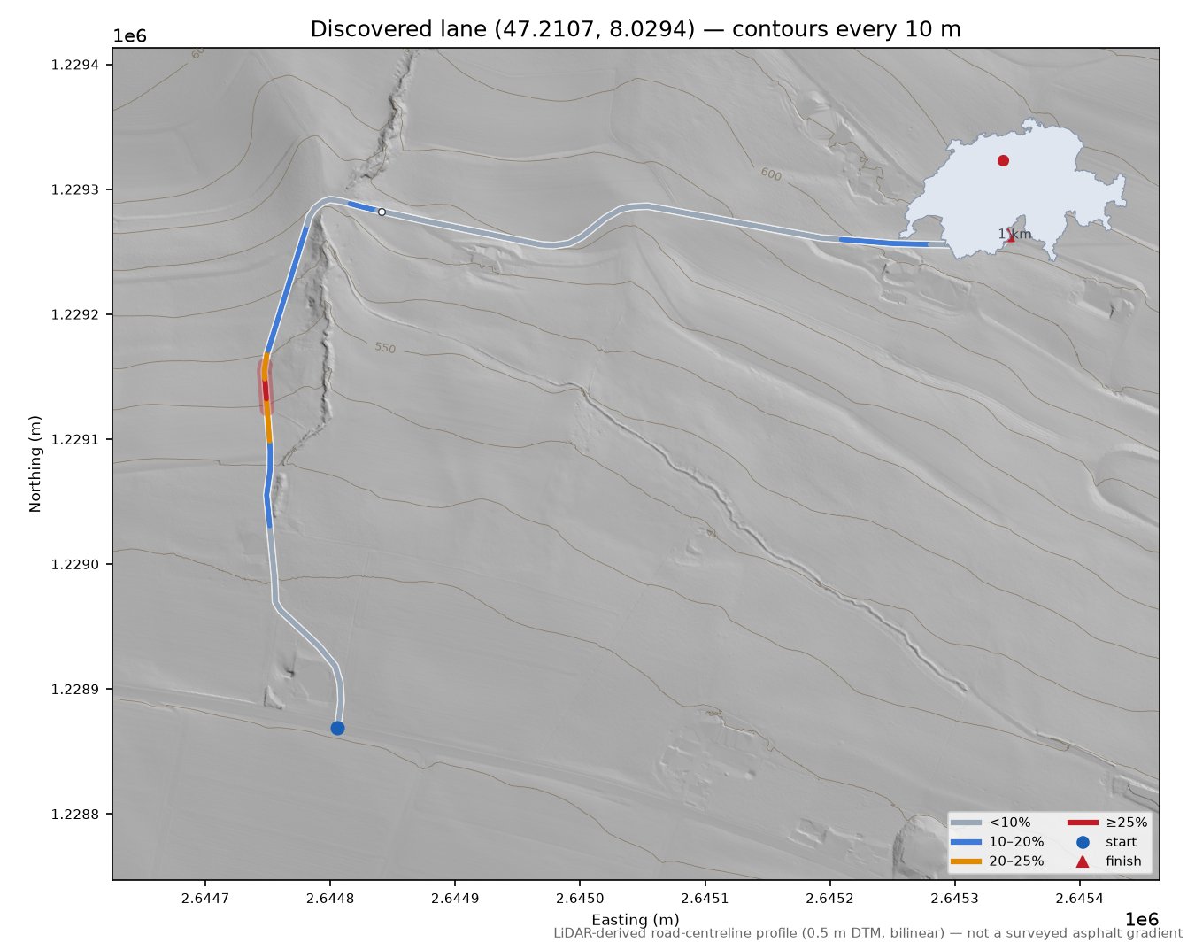 Discovered lane (47.2107, 8.0294) LiDAR hillshade map with contours