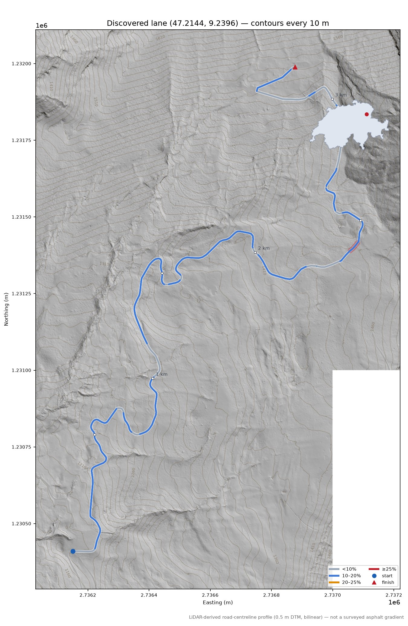 Discovered lane (47.2144, 9.2396) LiDAR hillshade map with contours