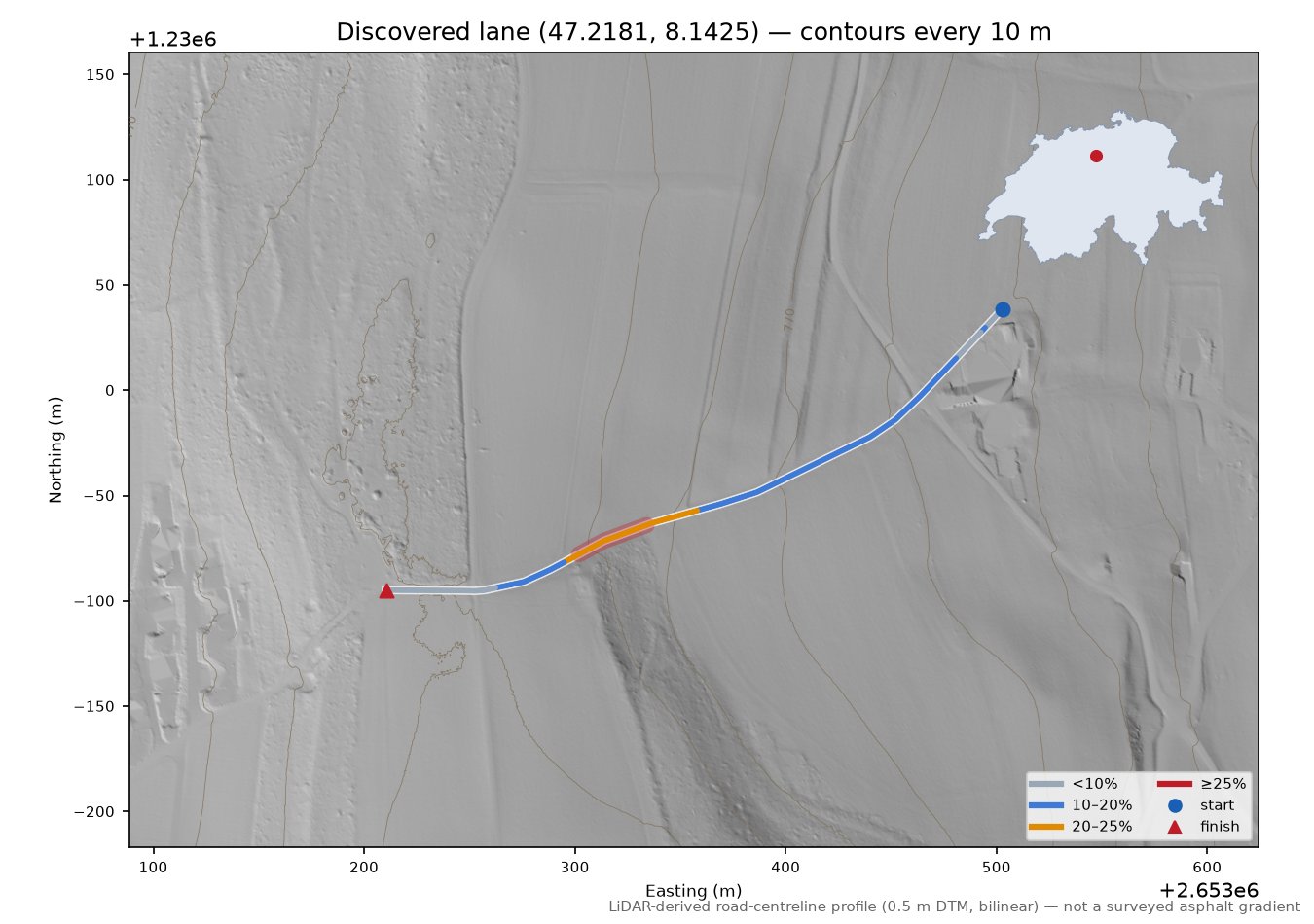 Discovered lane (47.2181, 8.1425) LiDAR hillshade map with contours