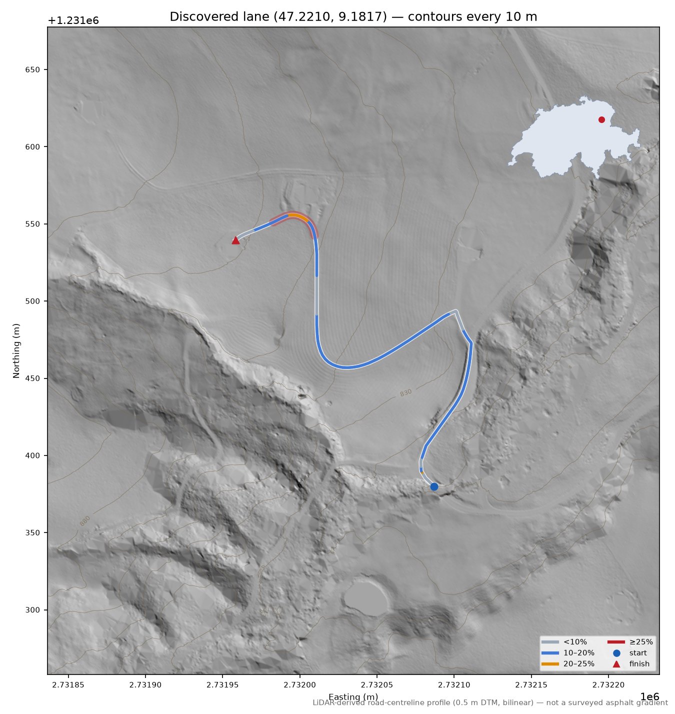 Discovered lane (47.2210, 9.1817) LiDAR hillshade map with contours