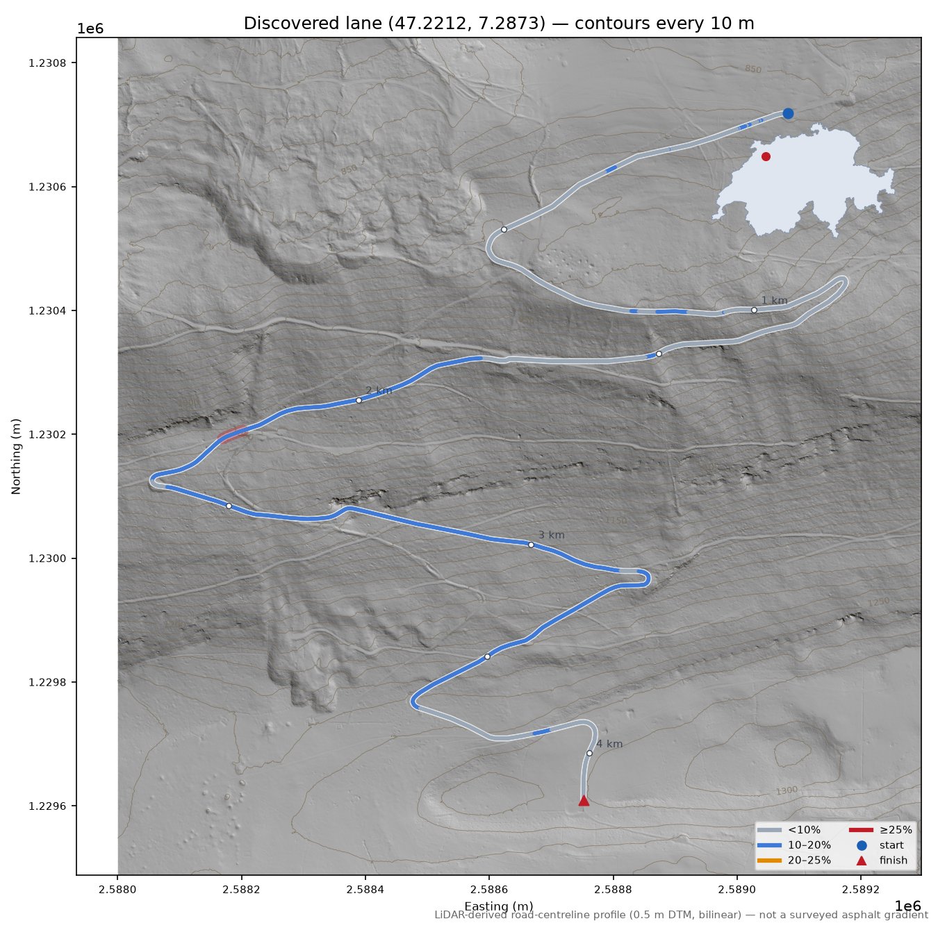Discovered lane (47.2212, 7.2873) LiDAR hillshade map with contours