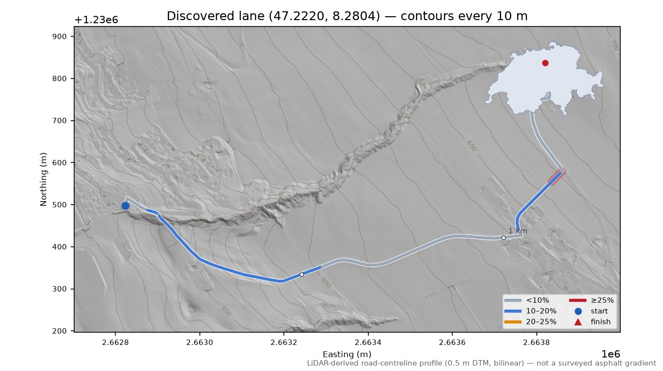 Discovered lane (47.2220, 8.2804) LiDAR hillshade map with contours