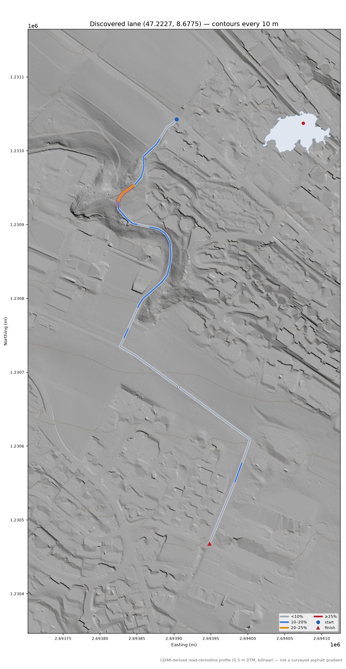 Discovered lane (47.2227, 8.6775) LiDAR hillshade map with contours