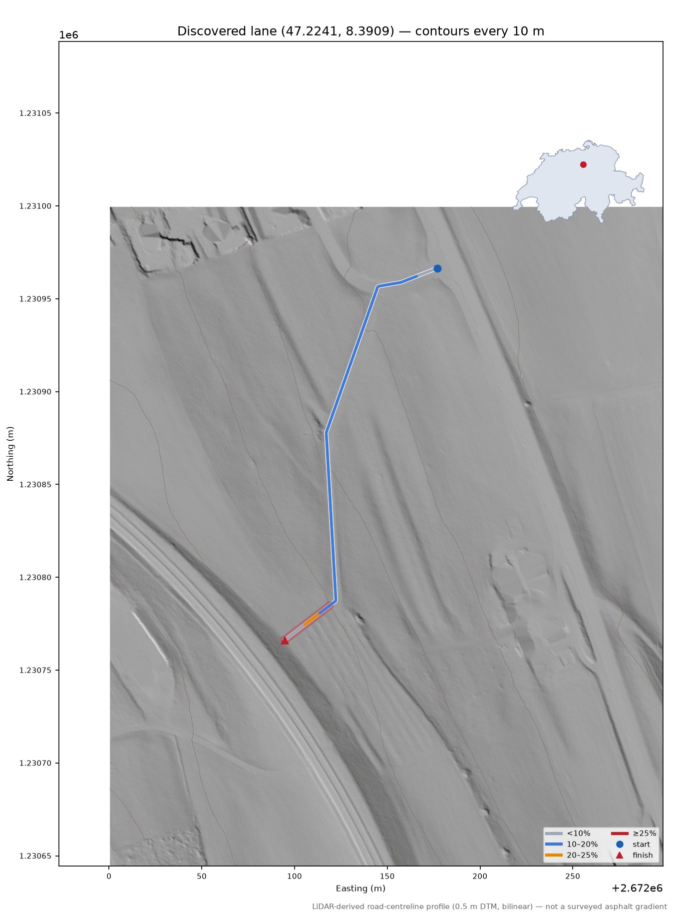 Discovered lane (47.2241, 8.3909) LiDAR hillshade map with contours