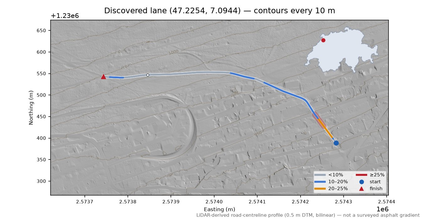 Discovered lane (47.2254, 7.0944) LiDAR hillshade map with contours
