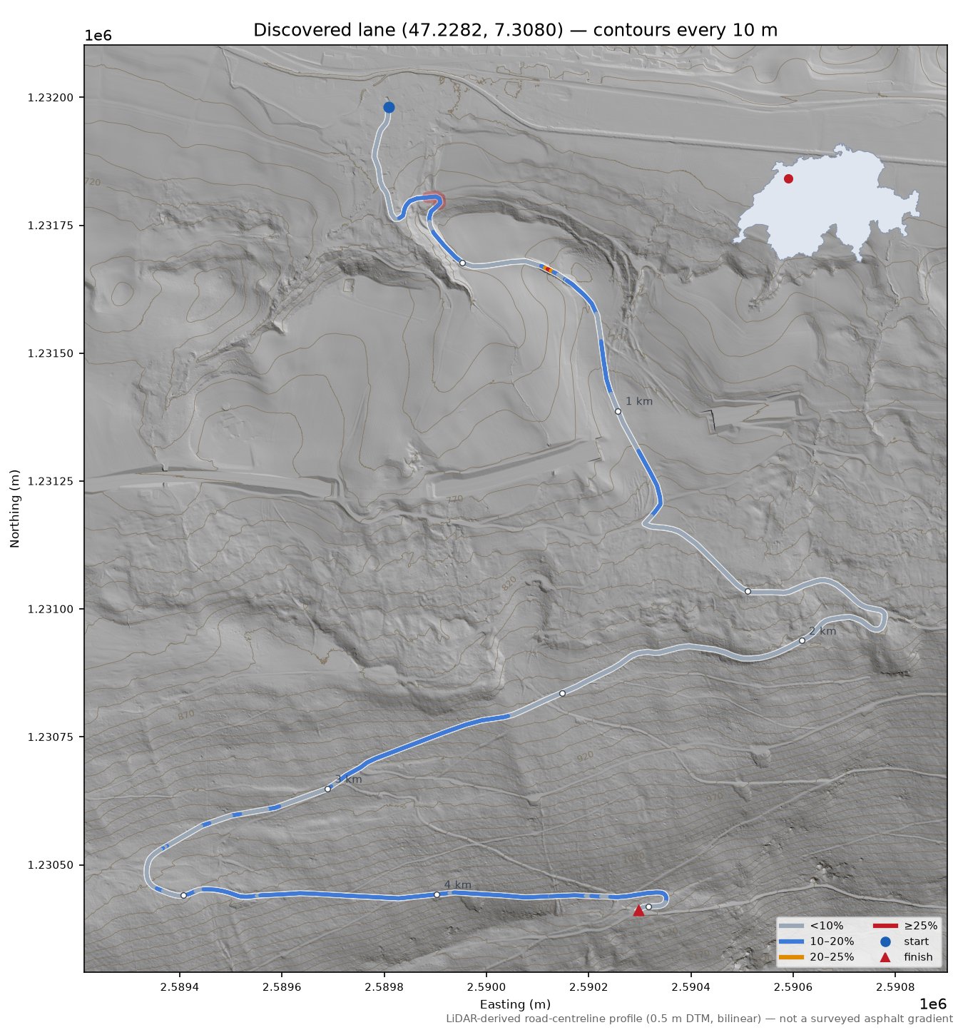 Discovered lane (47.2282, 7.3080) LiDAR hillshade map with contours