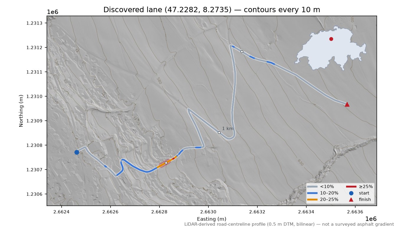 Discovered lane (47.2282, 8.2735) LiDAR hillshade map with contours
