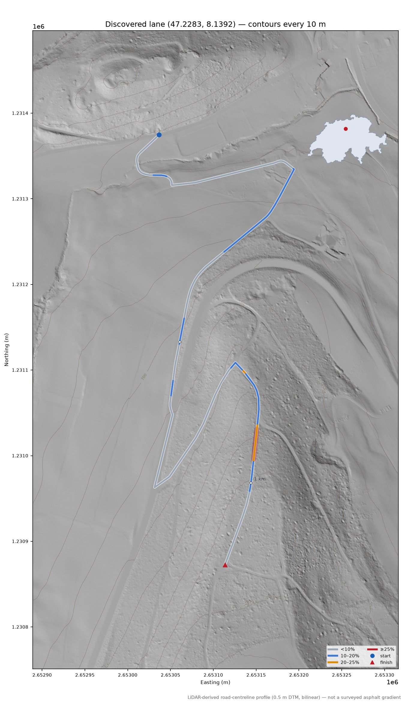 Discovered lane (47.2283, 8.1392) LiDAR hillshade map with contours