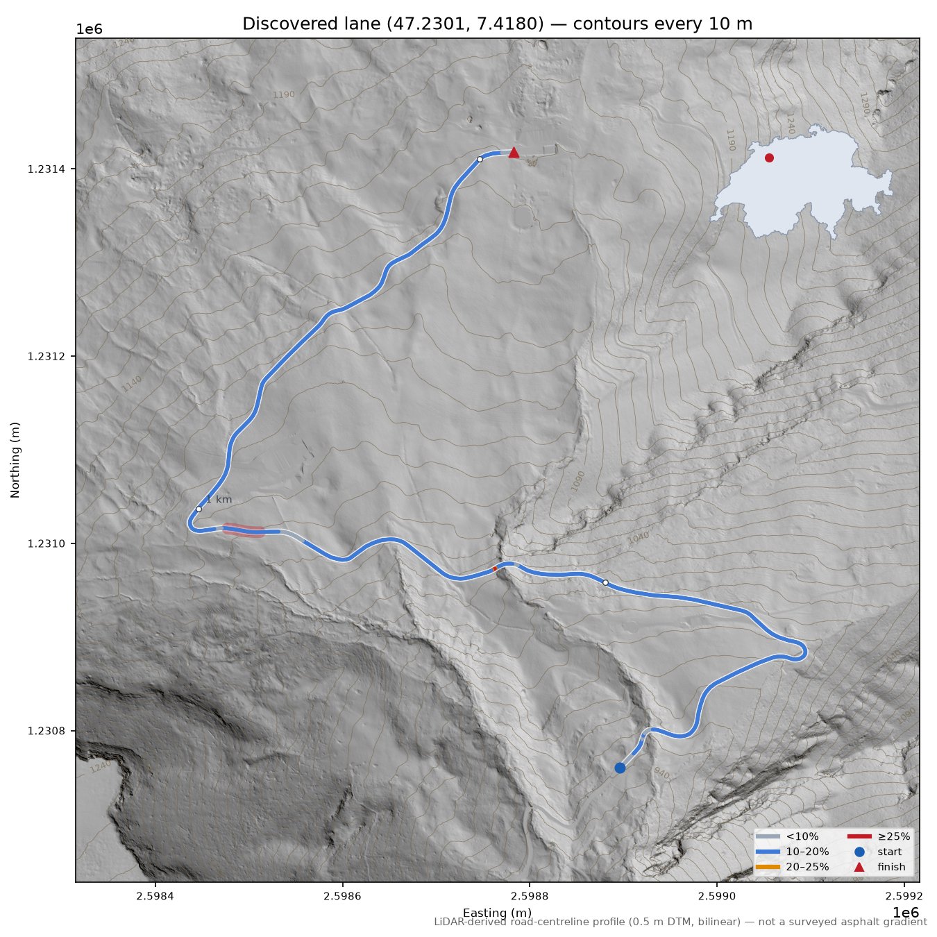 Discovered lane (47.2301, 7.4180) LiDAR hillshade map with contours