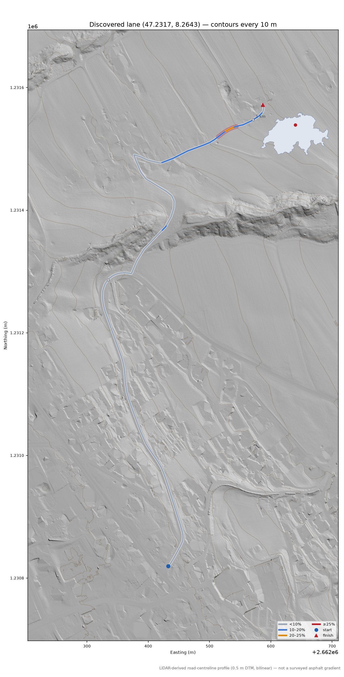 Discovered lane (47.2317, 8.2643) LiDAR hillshade map with contours