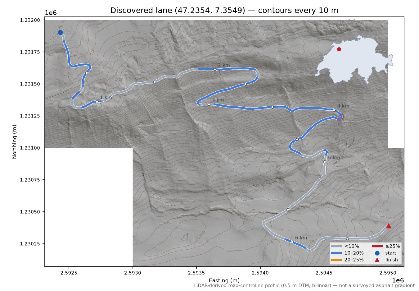 Discovered lane (47.2354, 7.3549) LiDAR hillshade map with contours