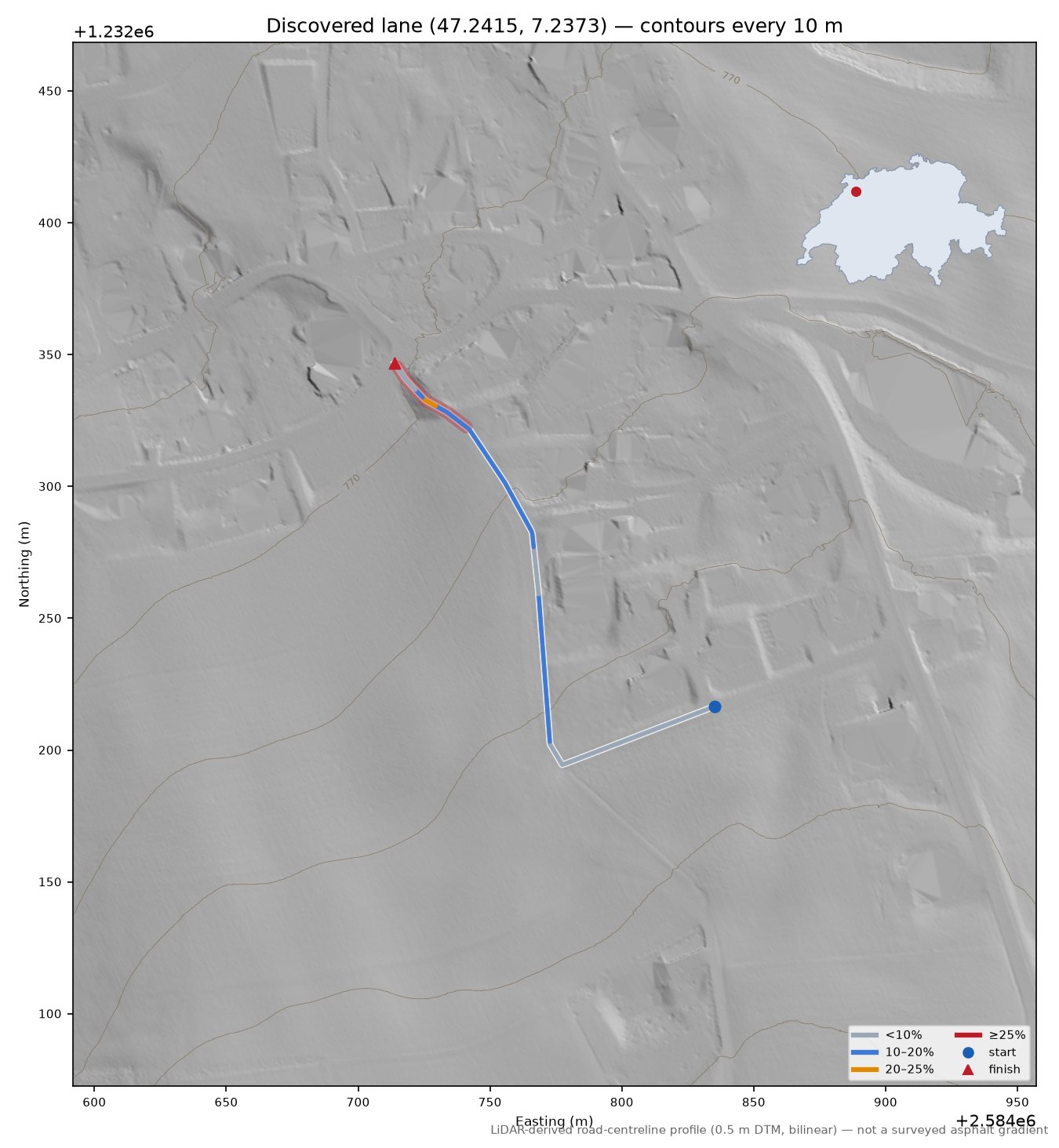 Discovered lane (47.2415, 7.2373) LiDAR hillshade map with contours