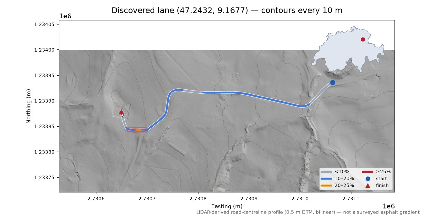Discovered lane (47.2432, 9.1677) LiDAR hillshade map with contours