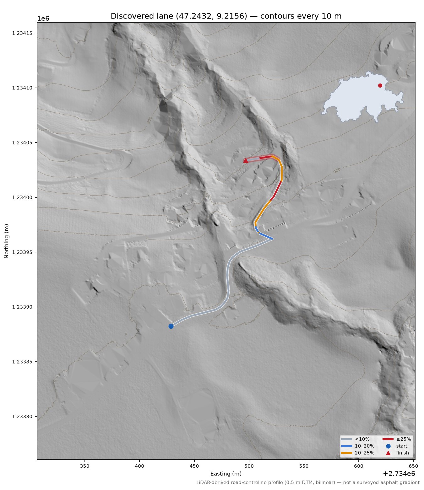 Discovered lane (47.2432, 9.2156) LiDAR hillshade map with contours