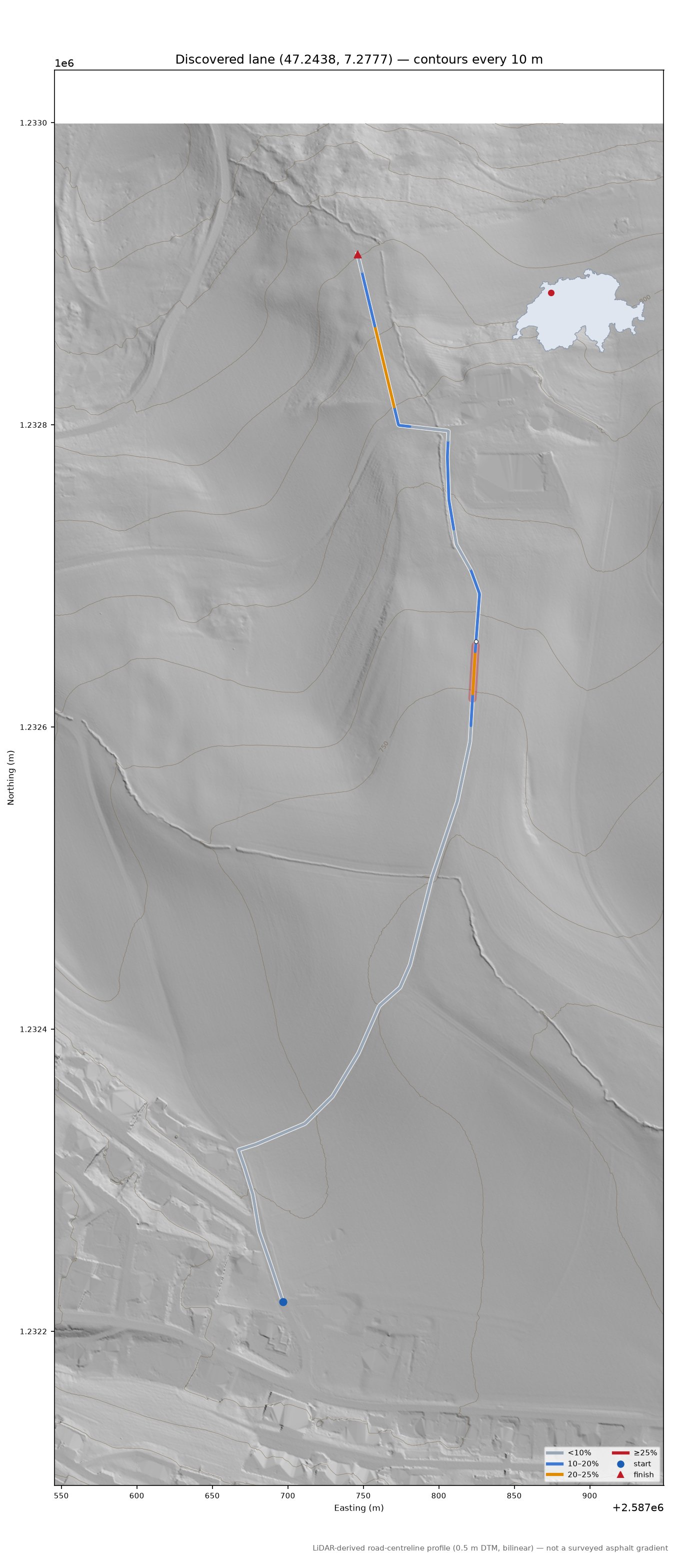 Discovered lane (47.2438, 7.2777) LiDAR hillshade map with contours