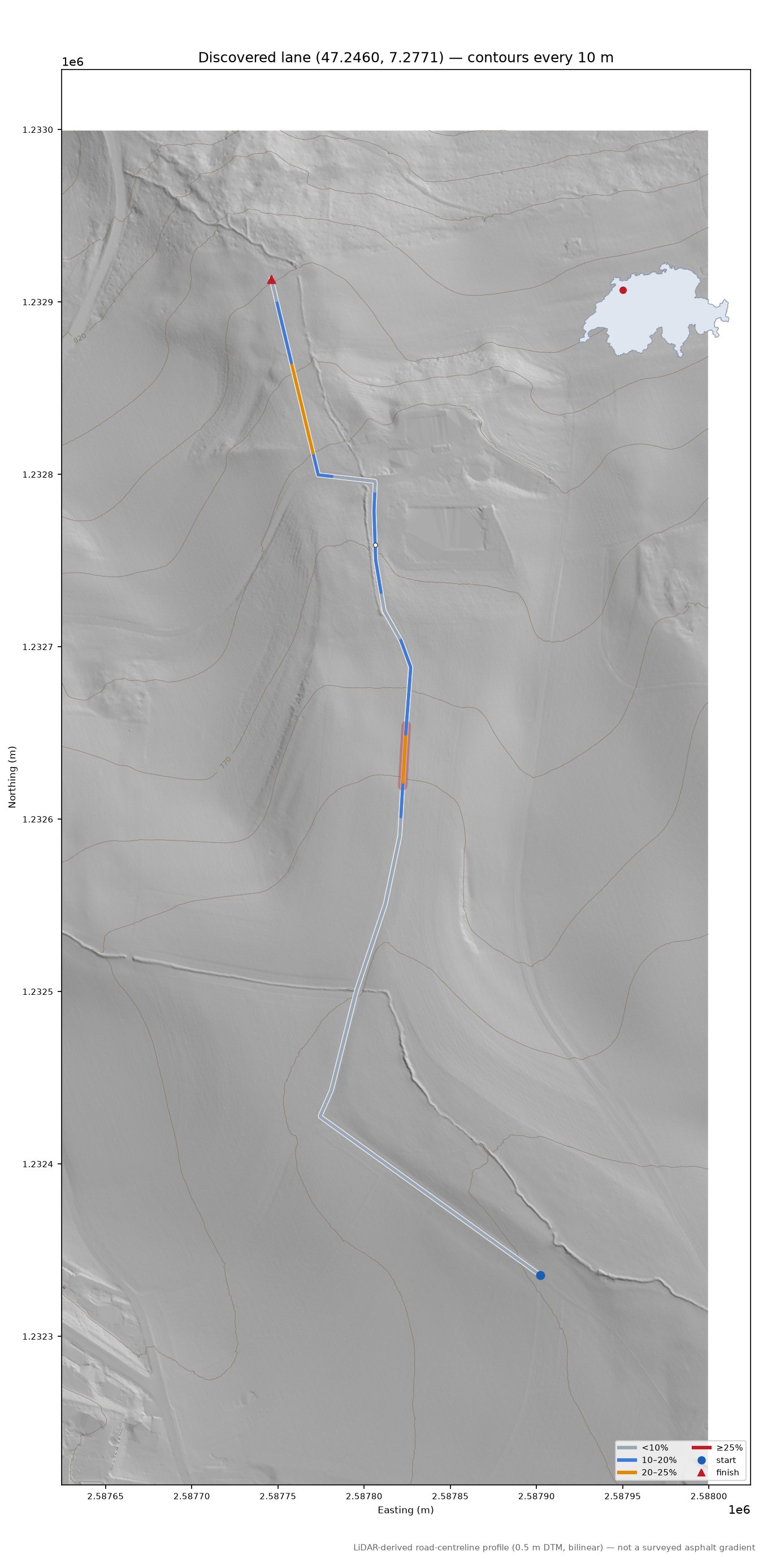 Discovered lane (47.2460, 7.2771) LiDAR hillshade map with contours