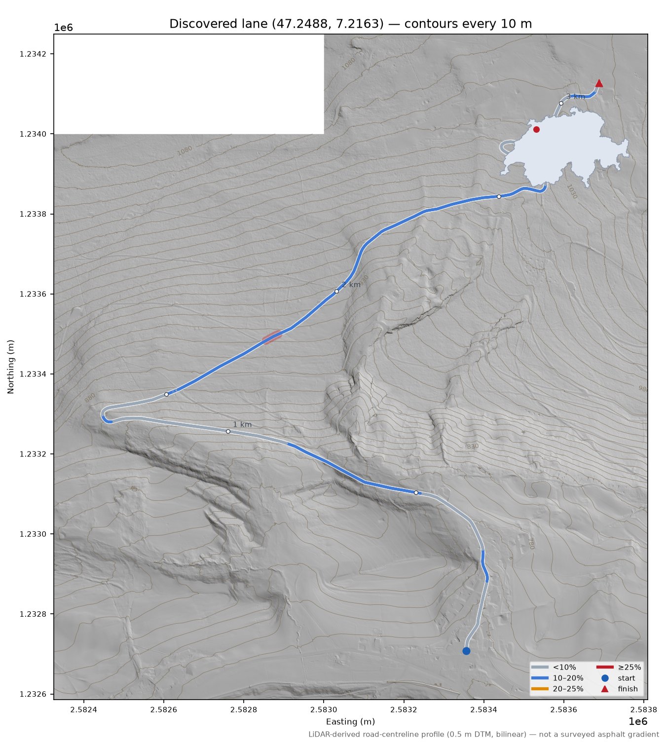 Discovered lane (47.2488, 7.2163) LiDAR hillshade map with contours
