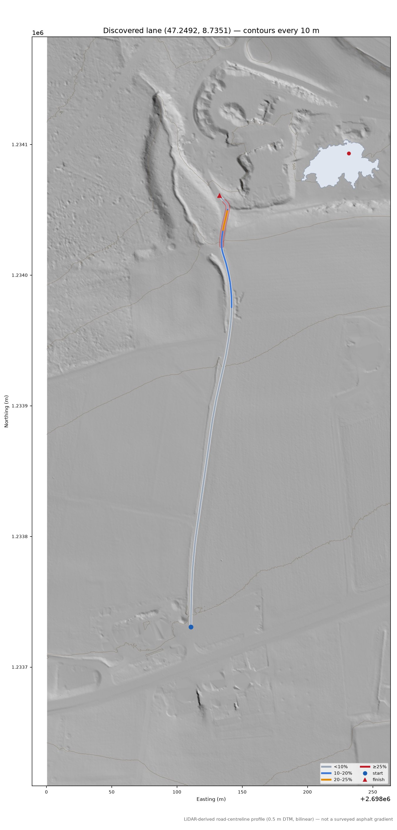 Discovered lane (47.2492, 8.7351) LiDAR hillshade map with contours