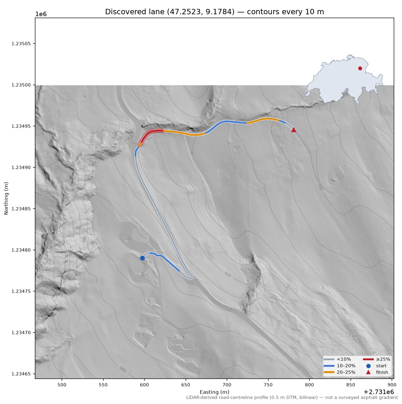 Discovered lane (47.2523, 9.1784) LiDAR hillshade map with contours