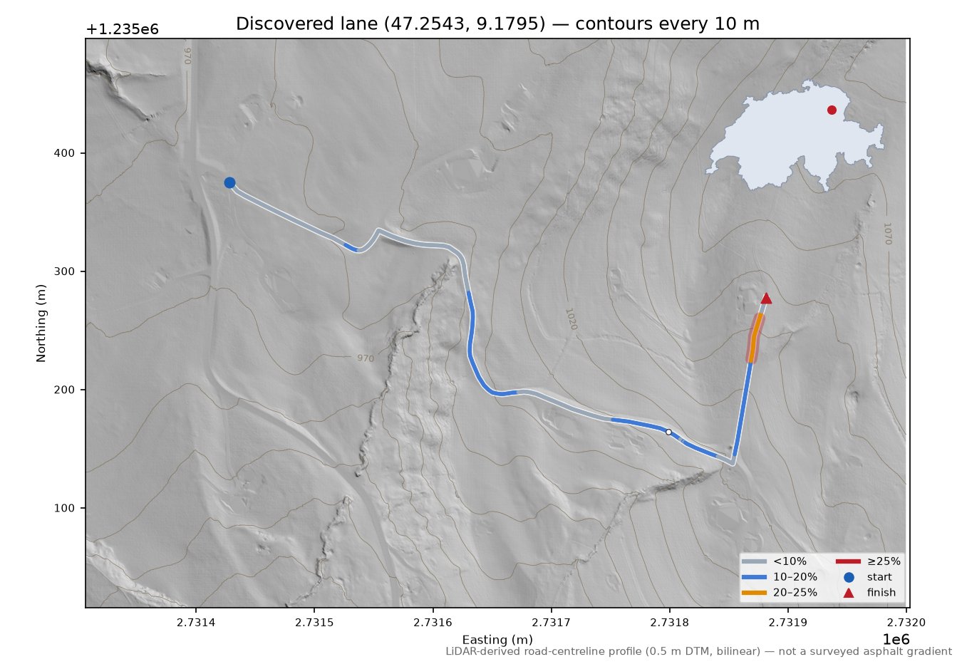 Discovered lane (47.2543, 9.1795) LiDAR hillshade map with contours