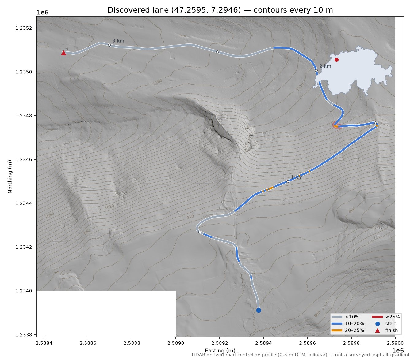 Discovered lane (47.2595, 7.2946) LiDAR hillshade map with contours