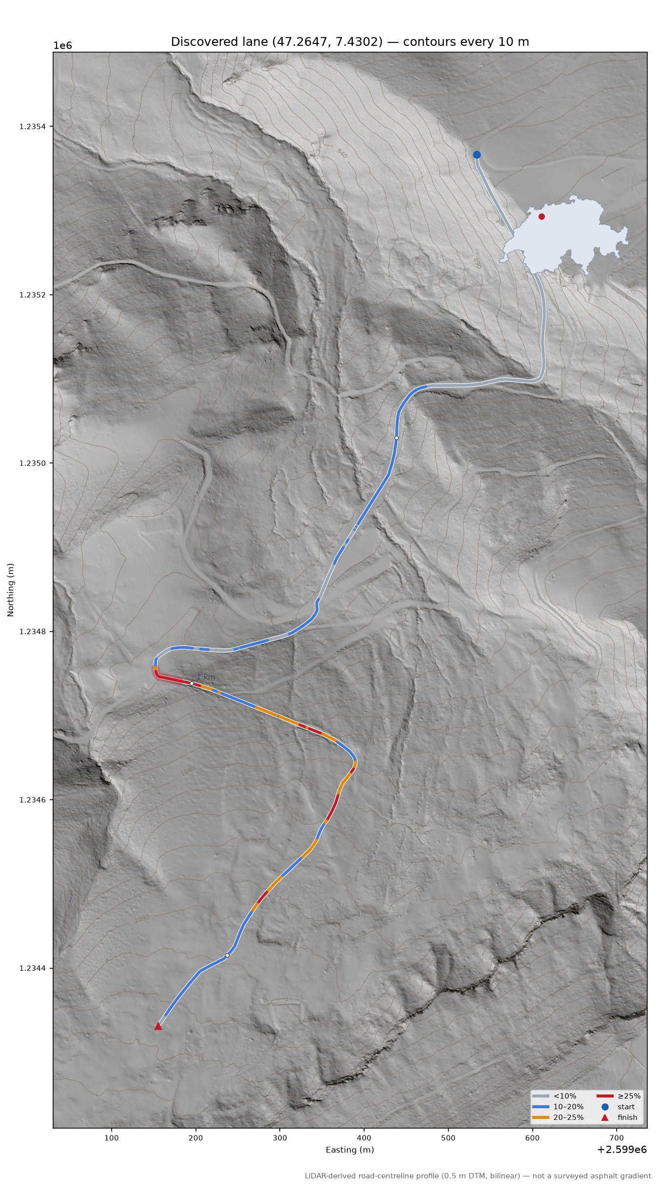 Discovered lane (47.2647, 7.4302) LiDAR hillshade map with contours