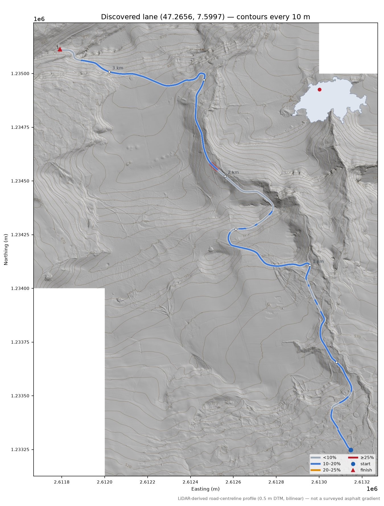 Discovered lane (47.2656, 7.5997) LiDAR hillshade map with contours