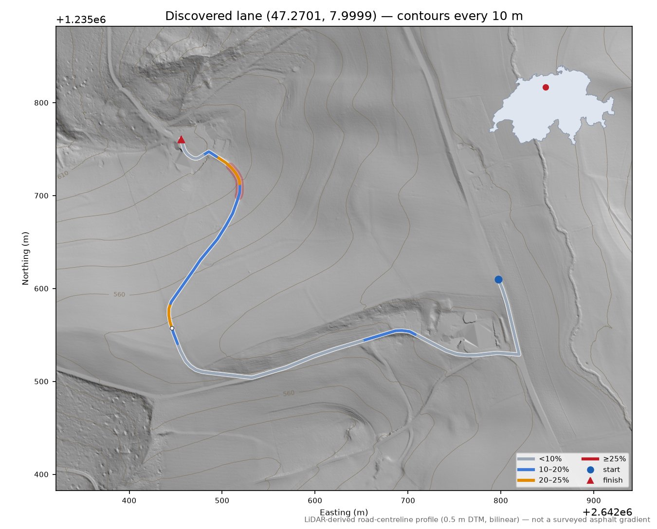 Discovered lane (47.2701, 7.9999) LiDAR hillshade map with contours