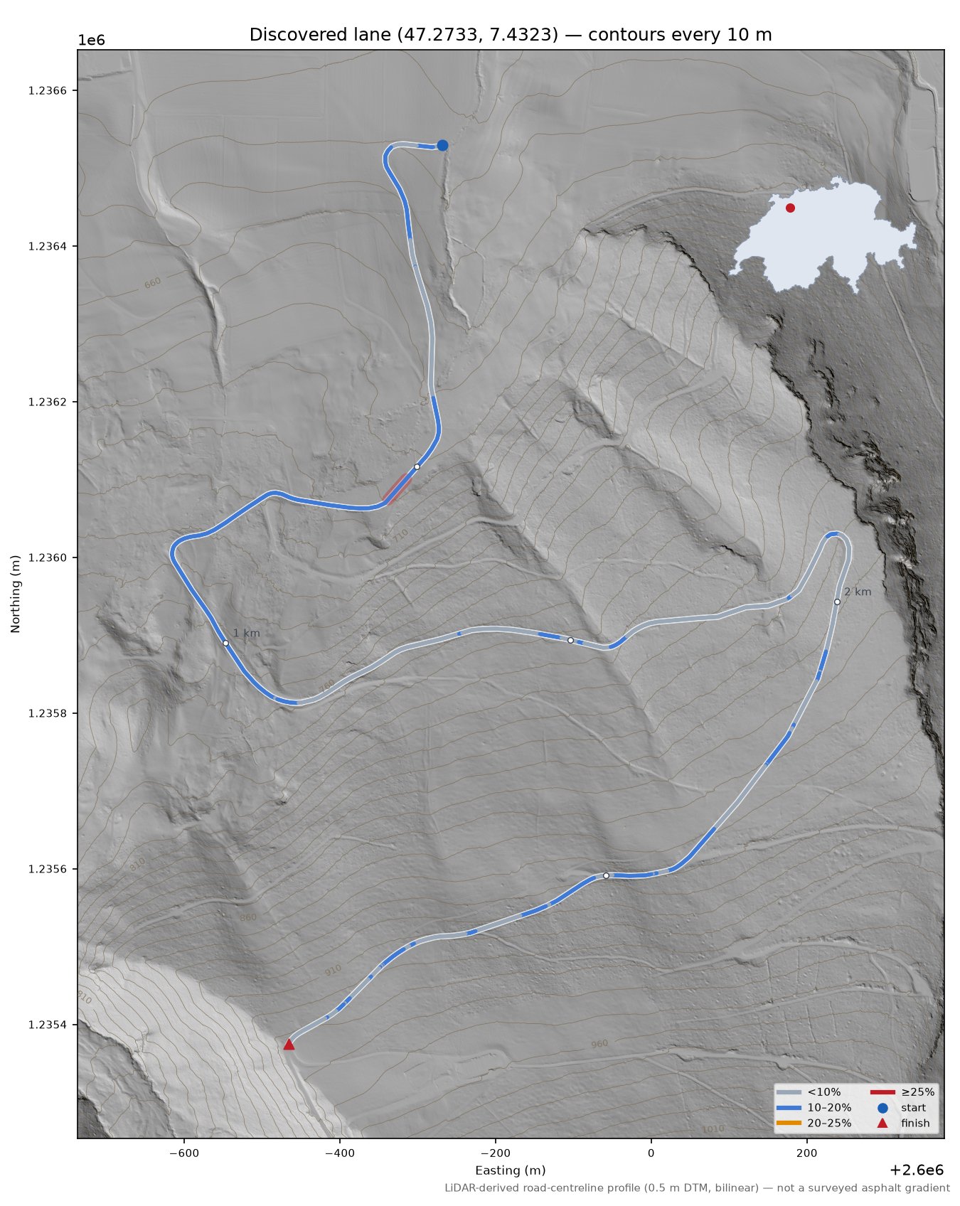 Discovered lane (47.2733, 7.4323) LiDAR hillshade map with contours