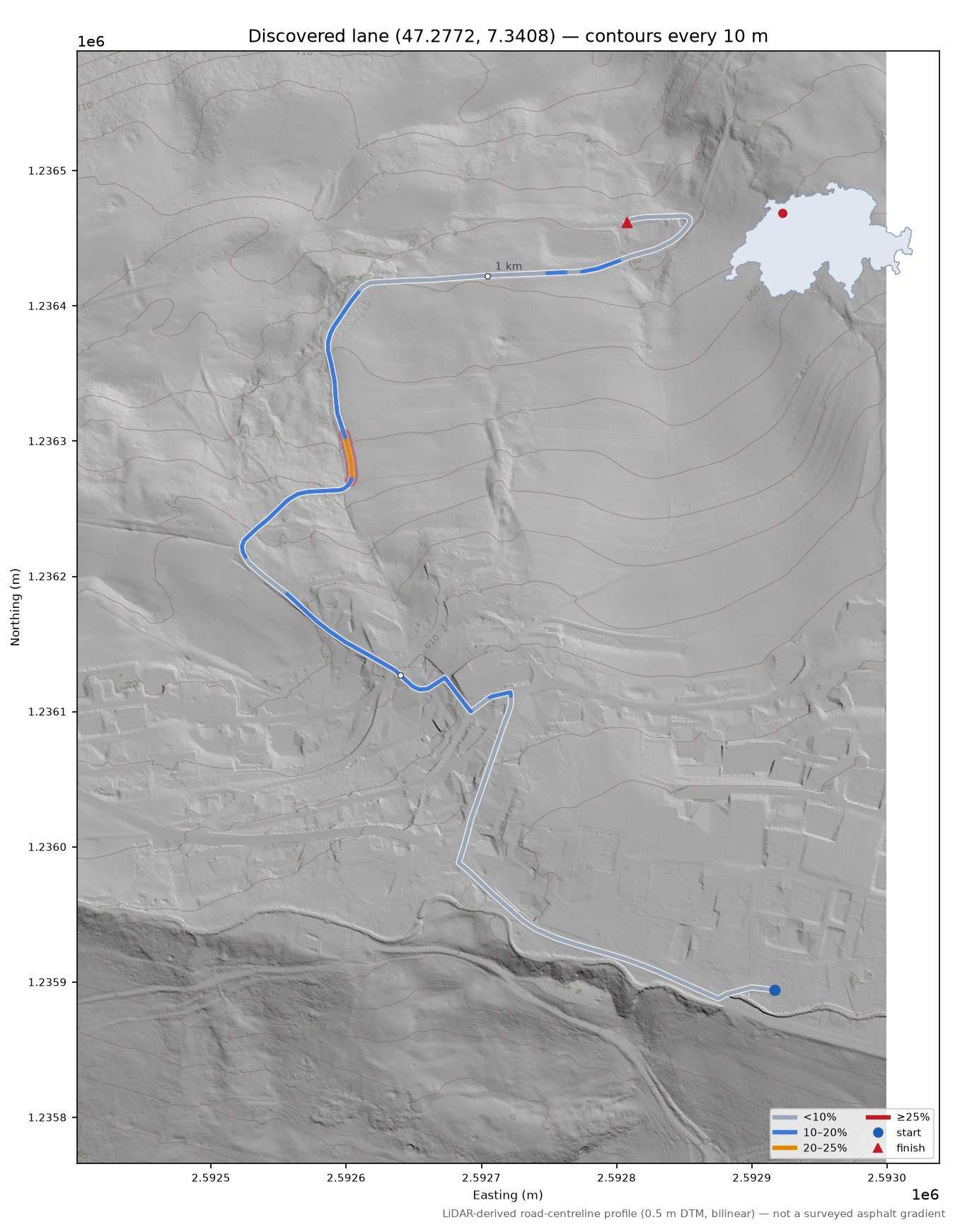Discovered lane (47.2772, 7.3408) LiDAR hillshade map with contours