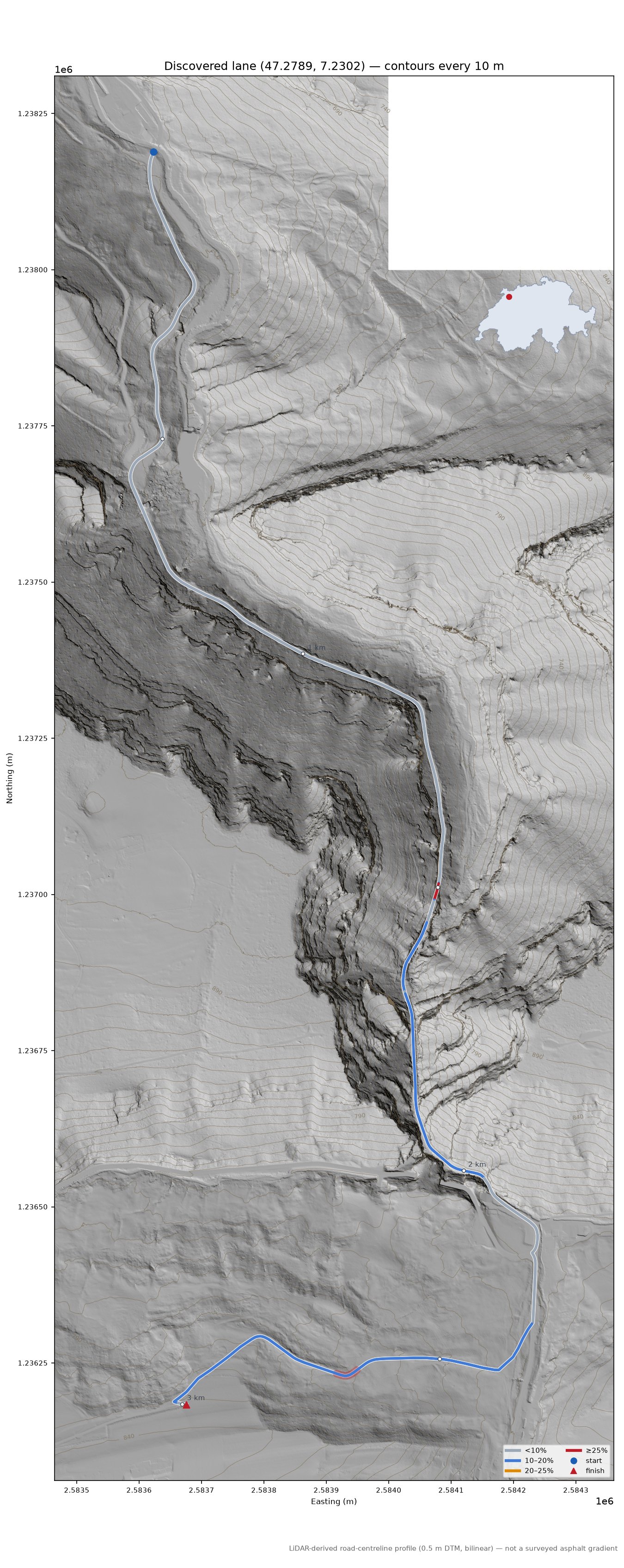 Discovered lane (47.2789, 7.2302) LiDAR hillshade map with contours