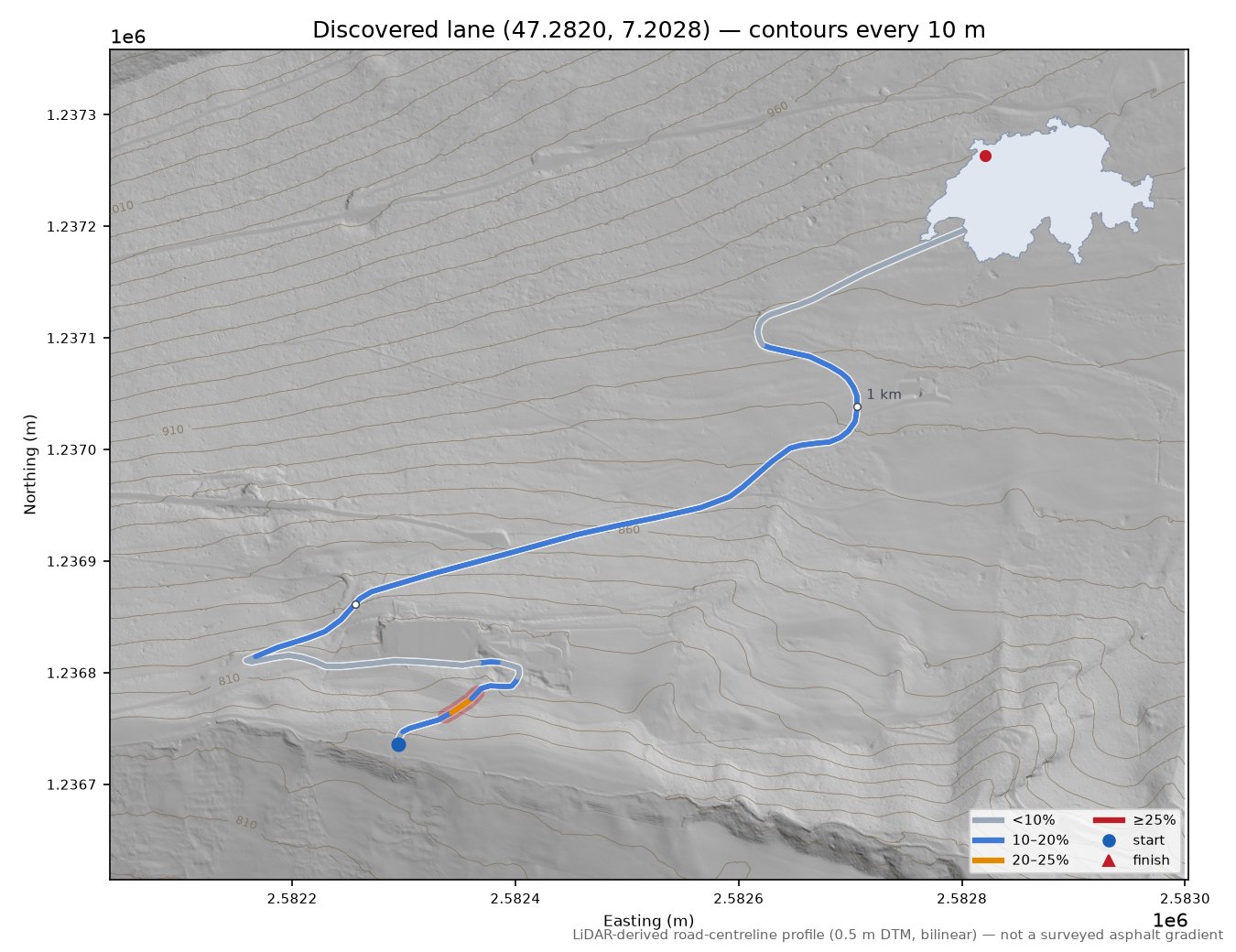 Discovered lane (47.2820, 7.2028) LiDAR hillshade map with contours
