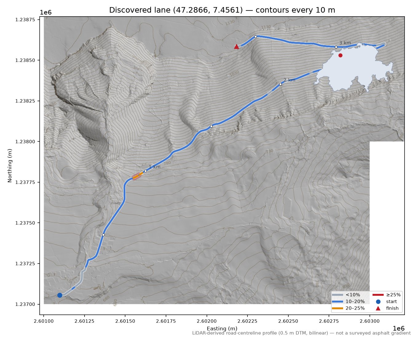Discovered lane (47.2866, 7.4561) LiDAR hillshade map with contours