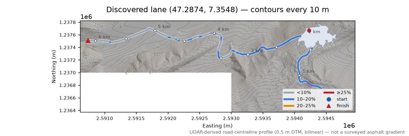 Discovered lane (47.2874, 7.3548) LiDAR hillshade map with contours